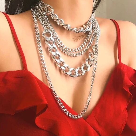 NEW Necklace Chunky Layering Chains Silver Tone Fashion Trend Jewelry m21 - Picture 3 of 4